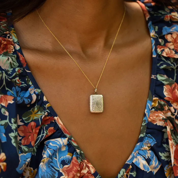 Antique Necklaces Rectangular Engraved Floral 9k Gold Locket