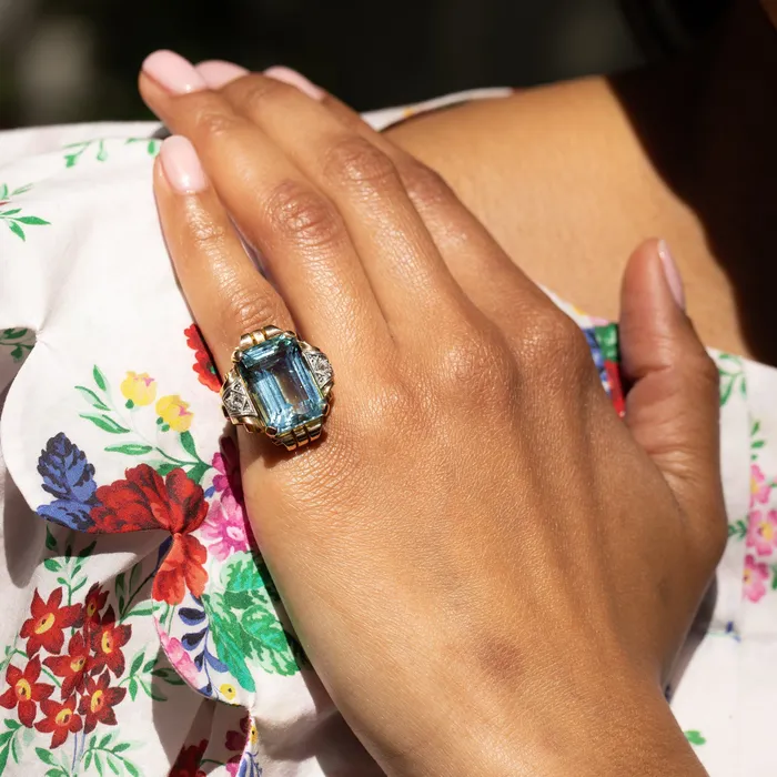 Vintage Large Retro Aquamarine Diamond 14K Gold and Platinum Ring Rings