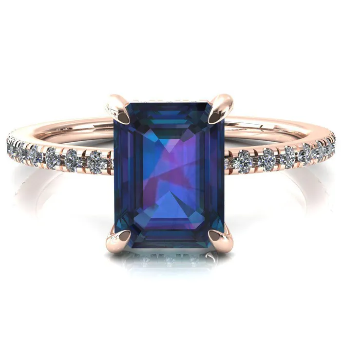 Fire Brilliance Rings Ezili Emerald Alexandrite 4 Claw Prong Micro Pave Diamond Sides Engagement Ring