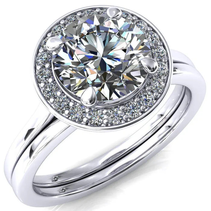 Fire Brilliance Rings Holly Round Center Stone 4 Prong Pinpoint Floating Halo Scalloped Cathedral Ring