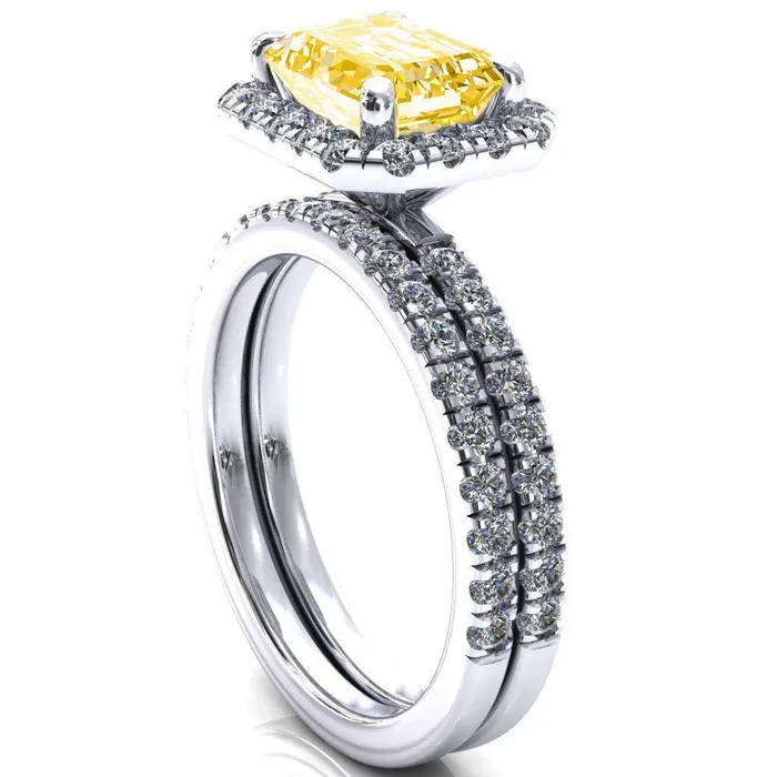 Fire Brilliance Talia Emerald Canary Yellow EastWest 4 Prong Halo 58 Micropave Ring Rings