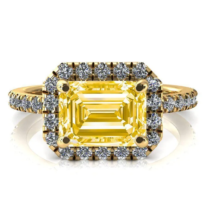 Fire Brilliance Talia Emerald Canary Yellow EastWest 4 Prong Halo 58 Micropave Ring Rings