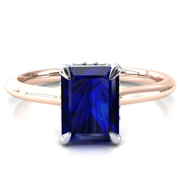 Rings Fire Brilliance Janey Emerald Blue Sapphire 4 Prongs Claw Floating Halo Inverted Cathedral Ring
