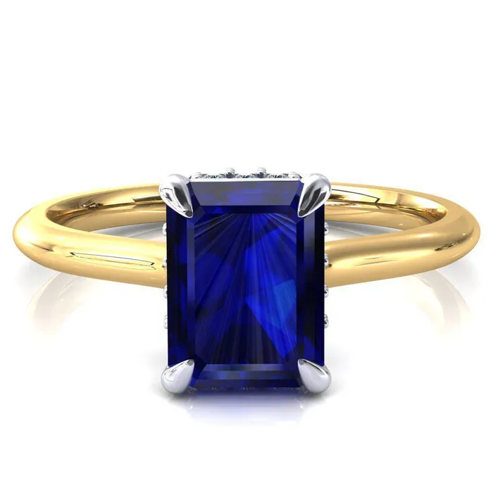 Rings Fire Brilliance Janey Emerald Blue Sapphire 4 Prongs Claw Floating Halo Inverted Cathedral Ring