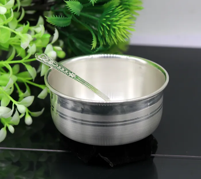 TRIBAL ORNAMENTS Necklaces 999 pure fine silver handmade silver bowl and spoon set silver utensils best kids gift for rice ceremony Annaprashana utensils sv76