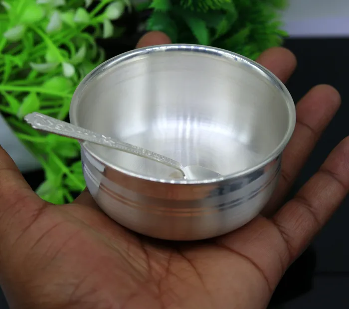 TRIBAL ORNAMENTS Necklaces 999 pure fine silver handmade silver bowl and spoon set silver utensils best kids gift for rice ceremony Annaprashana utensils sv76